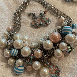 Betsey Johnson Pink , blue & white necklace, braclet & earrings